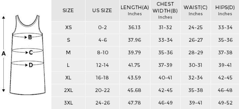 May include: Size chart for a sleeveless dress with measurements in inches for length, chest width, waist, and hips. The chart shows sizes XS through 3XL, with corresponding US sizes and measurements.