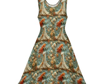 May include: A sleeveless dress with a repeating pattern of a woman with red hair, wearing a white dress, and holding a bow. The dress has a teal background with floral and architectural elements in shades of orange and cream.