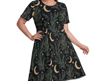 Vestido gótico de manga corta con estampado de luna y helecho, talla grande, L-4XL