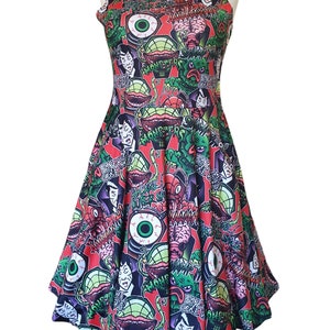 B movie monster print skater dress- Sizes S- 5XL plus size