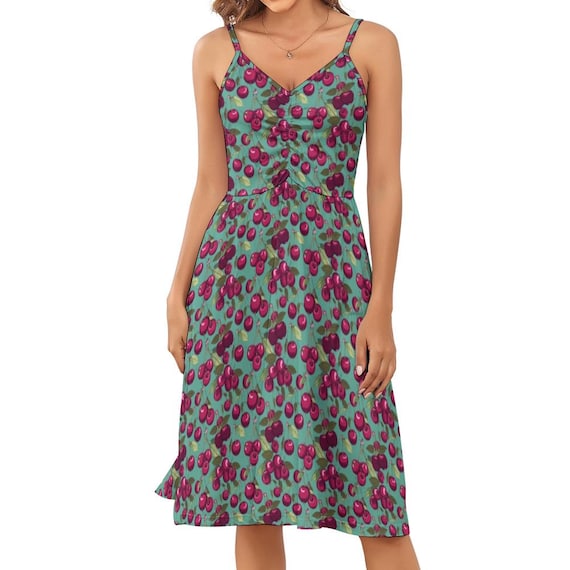 Cherry fruit strappy summer dress plus size S- 5XL