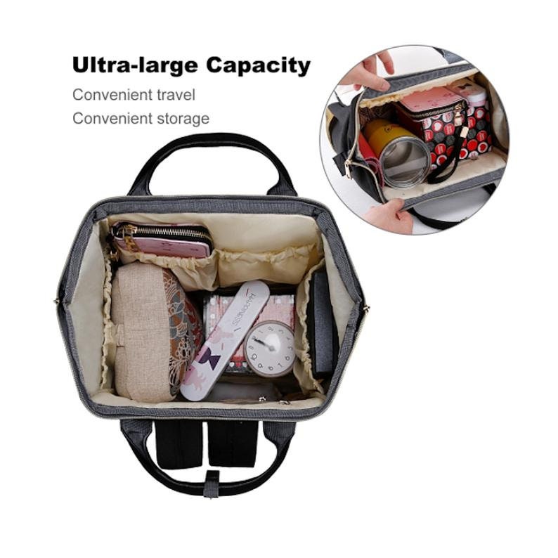 May include: A gray canvas backpack with multiple pockets and compartments. The backpack is open and filled with various items, including a wallet, a phone, a small clock, and a makeup brush. The text "Ultra-large Capacity" is visible above the backpack. The text "Convenient travel" and "Convenient storage" are visible below the backpack.