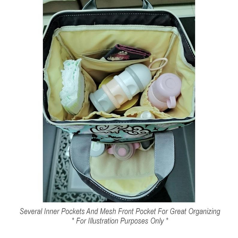 May include: A black and gray diaper bag with a floral pattern. The bag has several inner pockets and a mesh front pocket. The bag is open and filled with baby supplies, including diapers, bottles, and a sippy cup.