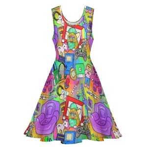 May include: A sleeveless skater dress with a vibrant, all-over print featuring 90s nostalgia. The design includes Furby, My Little Pony, Game Boy, and other retro toys and accessories in a colorful, cartoon style.