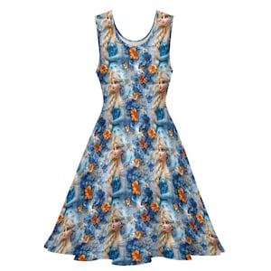 May include: A sleeveless skater dress with a repeating pattern of a blonde woman with a long braid, blue flowers, and orange accents on a light blue background. The dress has a scoop neckline and a flared skirt.