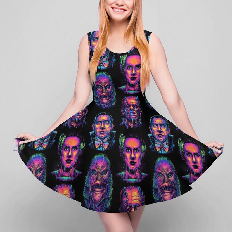 May include: A black skater dress with a colorful print of classic horror movie characters. The print features the Creature from the Black Lagoon, Frankenstein's Monster, Dracula, and more.