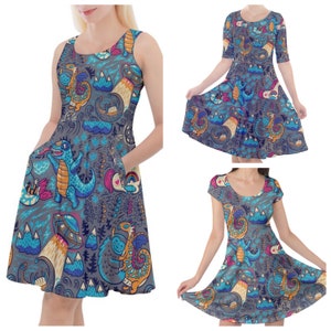 Cryptozoology cryptids monster cute print skater dress- Sizes S- 3XL plus size