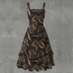 May include: A black sleeveless midi dress featuring a square neckline and a repeating pattern of gold-toned swords, rings, and tree illustrations against a dark background with small white star-like dots scattered throughout the fabric.