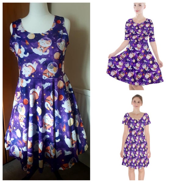 Space cats cute print skater dress- Sizes S- 3XL plus size