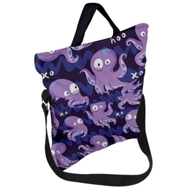 Sac de poulpe violet - mignon kawaii kitsch pli sur sac à main imprimé tote