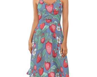 Strawberry fruit strappy summer dress plus size S- 5XL