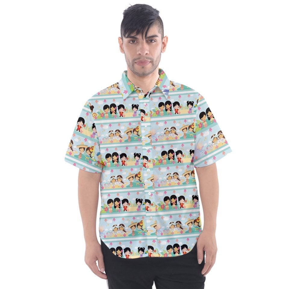 It's a small world dolls inspired short sleeved button down shirt