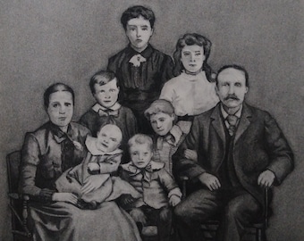 Ritratto di famiglia disegno a carboncino d'arte originale