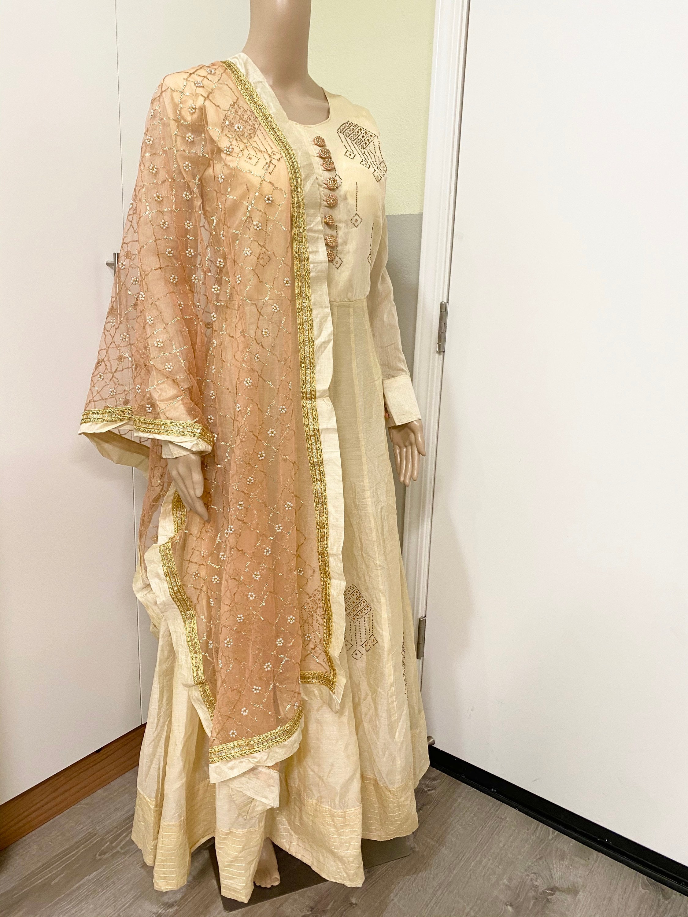 Bronze Gold Lama Fabric Gown Dupatta Set Ready to Wear Fully Stitched Gown  in USA, UK, Malaysia, South Africa, Dubai, Singapore