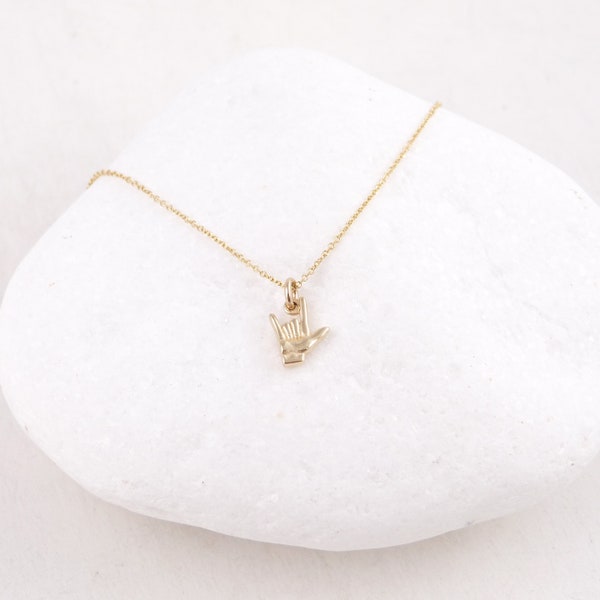 Collier d'amour en or massif en ASL, signe d'amour en langue des signes, breloque signe de main, cadeau parfait pour les amoureux des sourds, pendentif signe je t'aime, 14 carats