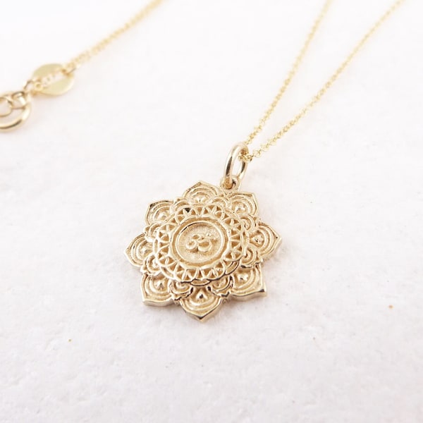 Solid Gold Om Necklace, Disc with Aum Pendant, Disc with Om, Gold Flower Disc, Yoga Lover, Spiritual, Amulet, Lotus Charm, Buddhist Gift,14K