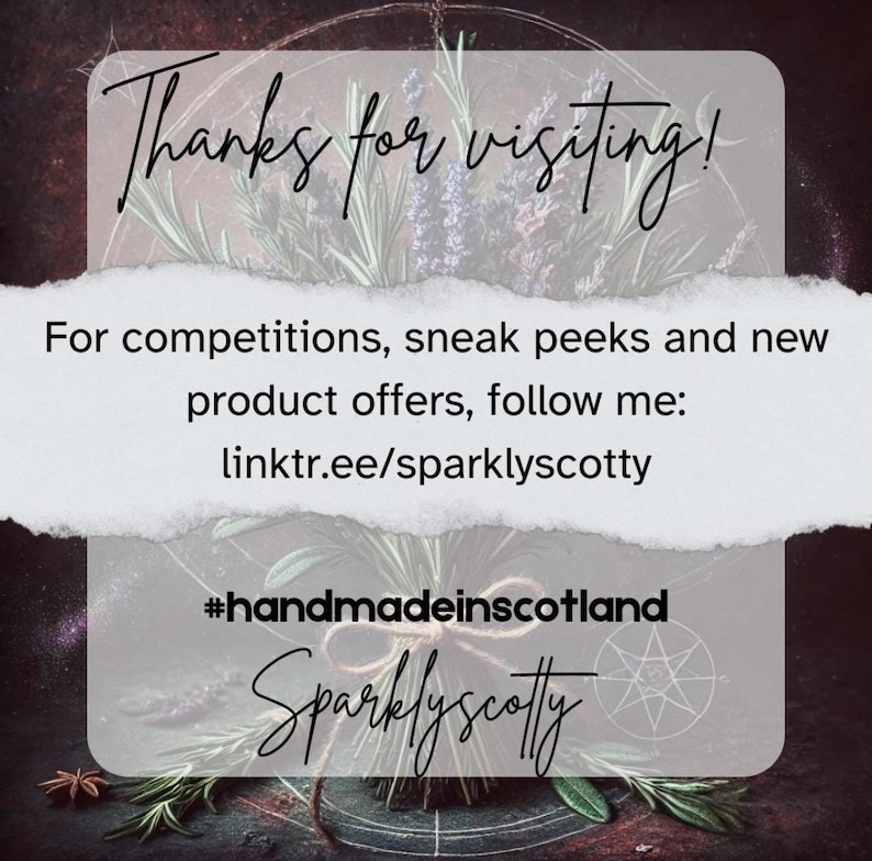 K&ouml;nnte beinhalten: Werbegrafik mit dem Text "Vielen Dank f&uuml;r Ihren Besuch!" und "F&uuml;r Wettbewerbe, Sneak Peeks und neue Produktangebote, folgen Sie mir: linktr.ee/sparklyscotty". Die Grafik enth&auml;lt auch den Hashtag "#handmadeinscotland" und den Namen "Sparklyscotty".