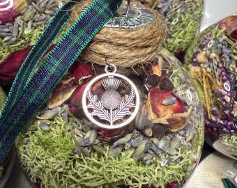Scottish Witch Ball Ornament, Rose, Lavender, Thistle Charm