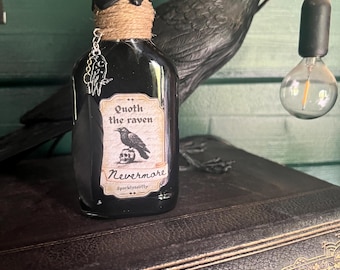 Edgar Allan Poe dijo el cuervo: botella de poción decorativa – Decoración gótica para estantes, toque literario para Halloween