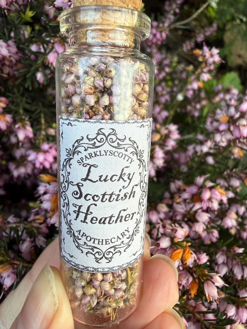 May include: A clear glass vial filled with dried light purple heather flowers, sealed with a cork stopper. A white rectangular label features black decorative borders and the text: Sparklyscotty Lucky Scottish Heather Apothecary.