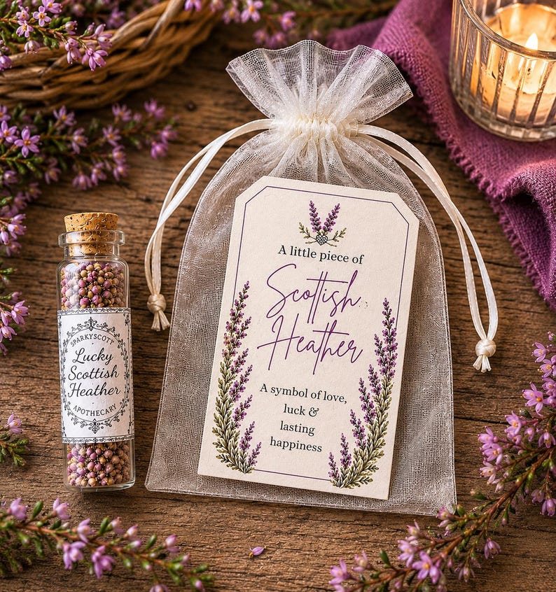 May include: A clear glass vial with a cork stopper filled with small purple Scottish heather flowers, accompanied by a sheer white organza drawstring pouch featuring a tag that reads A little piece of Scottish Heather, A symbol of love, luck & lasting happiness.