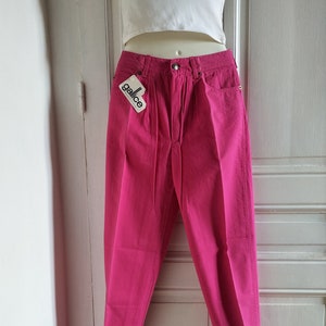 Unused vintage neon pink women&#39;s trousers  - fuchsia pink , 80&#39;s fashion, straight pants, zipper, 5 pockets, made in France, GALLICE