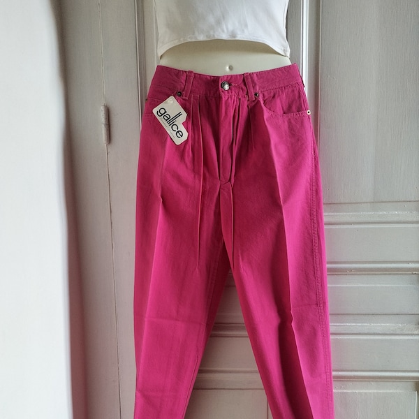 Pantalon Femme droit vintage NEUF - rose fuschia, taille 38, années 80, fermeture éclair, 5 poches, coton, fabriqué en France, rose fluo