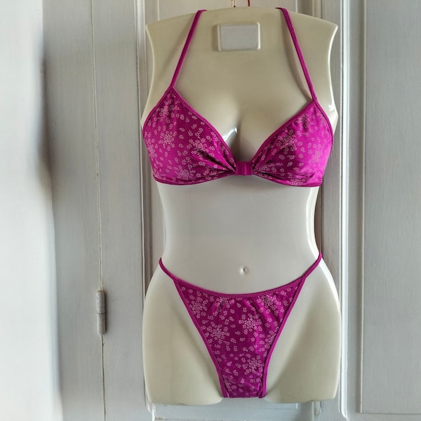 Maillot de bain triangle Femme 2 Pièces vintage années 80 - NEUF avec étiquette, rose fuchsia et blanc, REVERSIBLE, fabriqué en France