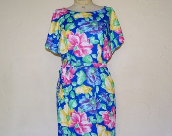 Straight blue, pink and yellow flower dress - Plus size dress, under the knee, floral print, summer dress, 80's vintage, plus size clothing