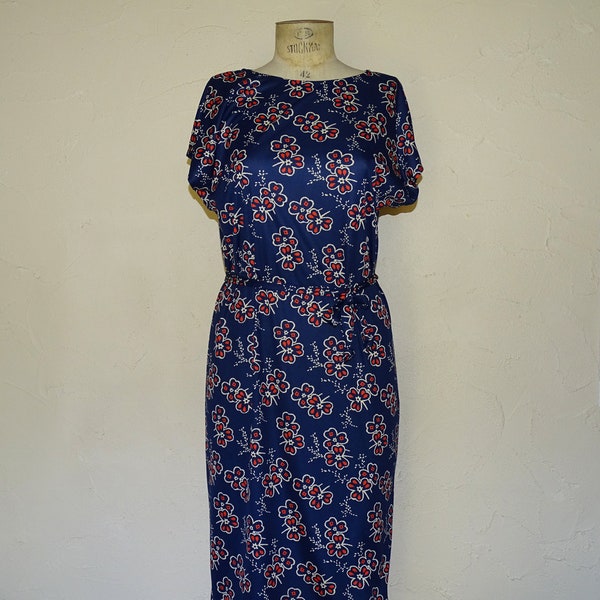 Robe à fleurs droite bleu marine et rouge orangé - robe droite, robe fluide, mode femme, années 90, robe d'été, robe légère, vintage, grunge