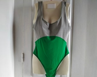 Neon green and grey vintage one-piece bathing suit, UNUSED with label, swimsuit, swimming suit, ninetees fashion, womens clothing, beachwear