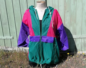 Coupe-vent à capuche vintage années 90 NEUF - vert, violet et rose, avec zip, coupe-vent zippé, streetwear, imperméable, vêtement de pluie
