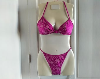 Women's UNUSED with tag two-piece vintage triangle bathing suit - purple fuchsia and white, REVERSIBLE, liberty fabric, made in FRANCE