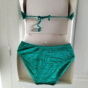 May include: A teal green bikini bottom with a high-cut leg and a smooth, silky texture.