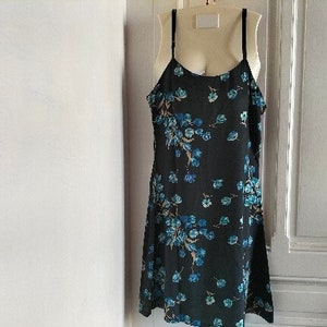 UNUSED 90's vintage spaghetti straps dress - JAVANESE fabric, navy-blue summer dress, sky-blue flowers patterns viscose, made in FRANCE