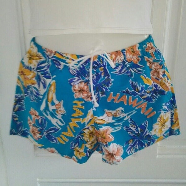 Short de bain enfant adolescent vintage années 80 NEUF - bleu avec motif tropical HAWAII, fleurs, hibiscus, surf, XS, fabriqué en France