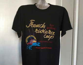 90's Vintage UNUSED unisex black - white- yellow- blue T- Shirt yachting patterns - boat shirt, beachwear, gift for a sailor,made in FRANCE