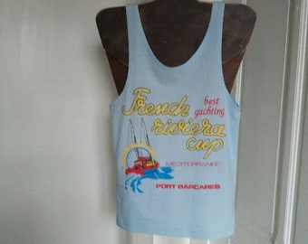90's Vintage UNUSED Men's vintage tank top - with yachting printed and relief patterns, cotton, made in FRANCE