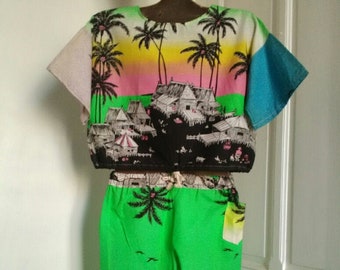 UNUSED 90's vintage neon T-Shirt and bermud:  womens fashion, tropical patterns, neon colors, nen green, palm trees fabric, Made in France
