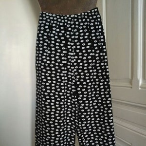 Vintage UNUSED women&#39;s summer trousers - 90s pants, black with small white flowers, elastic belt, 2 side pockets, viscose, made in France