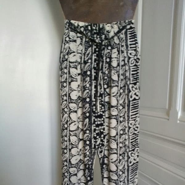 Pantalon fluide pour femme été vintage NEUF - noir et blanc avec motifs fleuris, ceinture élastique, années 90, viscose, fabriqué en FRANCE