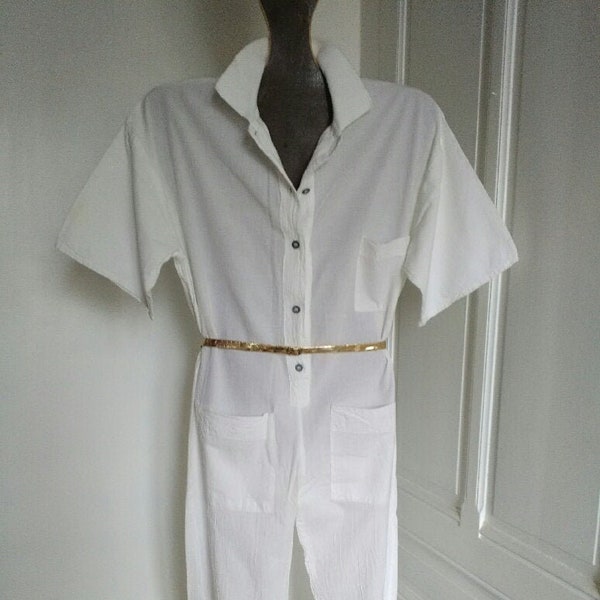Combinaison pantalon blanche vintage NEUVE: manches courtes, motifs colorés dans le dos, coton léger, fabriquée en France, moto, palmiers