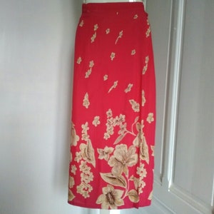 Long straight bohemian red skirt - UNUSED deadstock, 90&#39;s vintage, red with beige flowers, viscose, made in France, japanese floral pattern