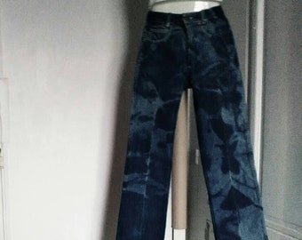 Unused 80's vintage women's tie and dye blue Jeans - straight jeans, cotton, zipper, 5 pockets, camouflage, Made in FRANCE, Brand Gallice