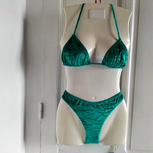 Women&#39;s UNUSED with tag two-piece vintage bathing suit - green triangle bikini, velvet swimming suit, made in FRANCE, swimsuit