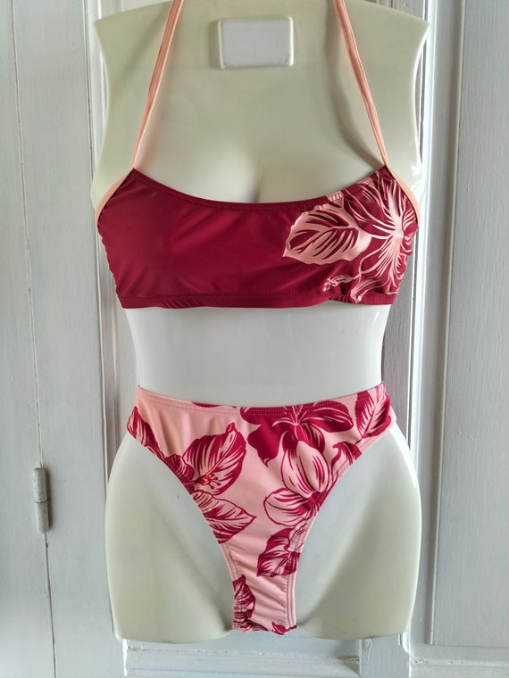 Women s UNUSED With Tag Two piece Vintage 2000 Bathing Suit Pink Burgundy Large Flowers Pattern Swimming Suit Swimsuit Made in FRANCE Etsy