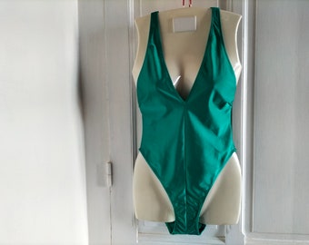 UNUSED Women's one-piece vintage bathing suit - 90's deadstock with TAG,  emerald green or black, swimming suit, Made in France, plus size