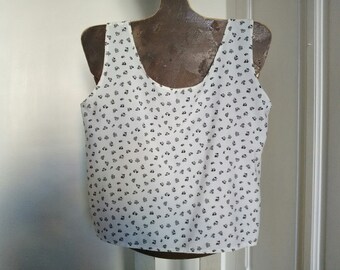 UNUSED 90's vintage women's white tank top with black small floral patterns  - wide straps, Made in FRANCE, dead stock, liberty pattern