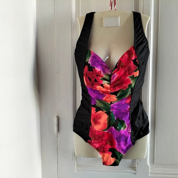 Maillot de bain Femme Une Pièce NEUF Taille 50 - vintage années 90, noir motif fleurs tropicales, grande taille, made in France, ALPSTYL