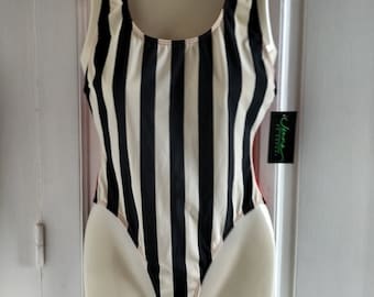 UNUSED Women's one-piece vintage striped bathing suit - 90's deadstock new with TAG, black white stripes, solid red back, Jenna de Rosnay